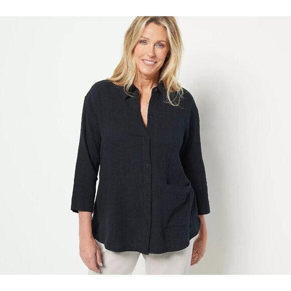 LOGO by Lori Goldstein Tops - Logo By Lori Goldstein Women's Sage Beach Black Crinkle Cotton Shirt Size 3XL